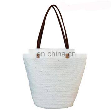 White Button Design Handle Simple Straw Beach Bag