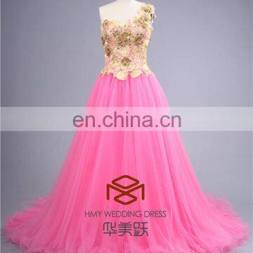 Charming Custom Made SHMY-W104 Tulle Yellow Lace Appliqued One Shoulder Pink Alibaba Wedding Dress