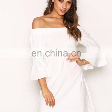 2018 White Charming Off Shoulder Flute Sleeve Dress Sexy Relaxed Fit Women Dress Fashion Boutique Dresses