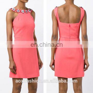 New arrival latest design sleeveless beaded flower neck women pink colour nighty dress