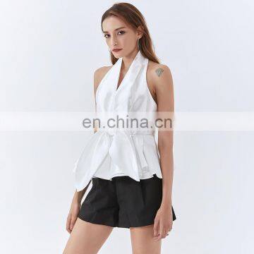 TWOTWINSTYLE Women Shirt Halter Sleeveless Backless Short Blouse Patchwork Bowknot Slim photo-4