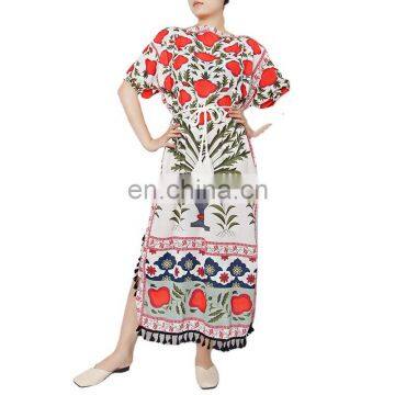 TWOTWINSTYLE Vintage Print Dress Women Slash Neck Puff Sleeve Off Shoulder Tassel Split Midi Dresses