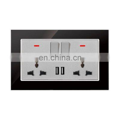 Universal Double 3 pin Wall Socket With Switch 13A Tempered Glass Panel With USB Socket And Switches Electrical With LED Light