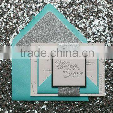 Glamour Turquoise Wedding Invitations, Glitter Wedding Invitations With Lined Envelope