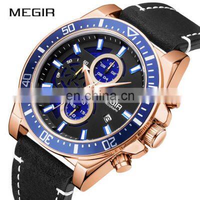 MEGIR 2132 Watch High Quality Leather Big Dial Chronograph Watches for Men Sport Casual Military Man Wristwatches Clock Reloj