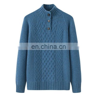 Custom Knitwear Women's Long Sleeves Cashmere Pullover Sweater Solid with Stand Collar Button Decoration Winter-Inner Mongolia