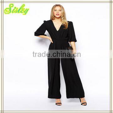 Women Dress Plunge Neck Jumpsuit with Wide Leg