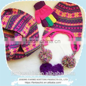 popular snowflake ethnic jacquard winter kintted earflap hat tube scarf gloves 3pc set