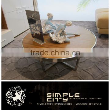 2016 New Design Fashion Stainless Steel Frame Wood Round Tea Table