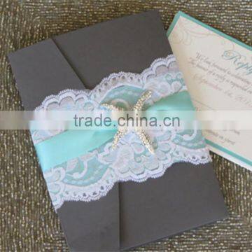 Hot sale personalized black letterpress lace wedding invitations with white laces&blue ribbons & ivory starfish