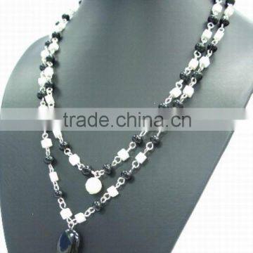 Hot sell necklace black agate with white glass button necklace jewelry