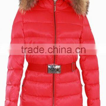 women red jacket winter padded Jacket with luxury fur hood