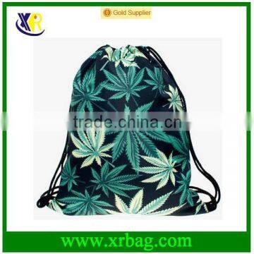 3D Green Leaves Hemp Print Men's Daypacks Backpack Travel Sports Cotton Drawstring Bag