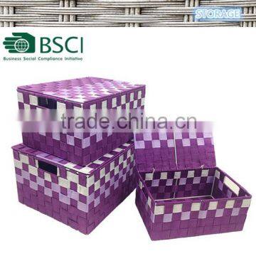 purple color nylon PP tape storage basket with handle & lid