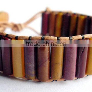 Leather Wrap Bracelet - Moukaite (mookaite) Jasper with button closure