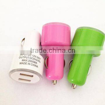 wholesale double USB car charger 5V 2.1A+1A colored mini 2 ports car charger for mobile phone