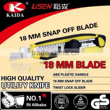 18mm Snap Off Blade Plastic with rubber grip handle Screw lock cutter knife