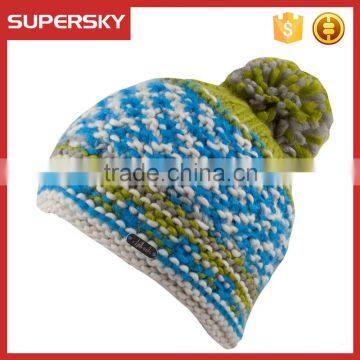 A-628 Men Hand Knitted Fleece Pom Beanie Chunky Fleece Winter Pom Hat Men Wool Fleece Lined Beanie