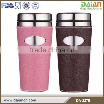 Double Wall Stainless Steel Travel Mugs With Leather Sleeve