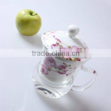 350ml pyrex glass tea cup with fine porcelain infuser /glass tea cup with infuser/tea cup with strainer with lid