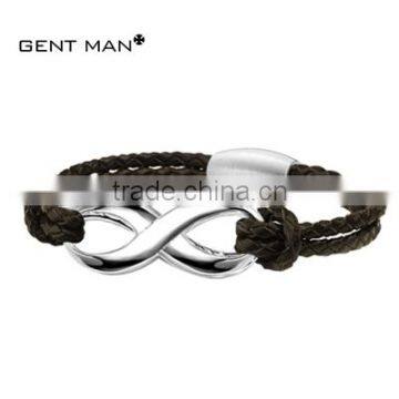 Stainless steel bracelet/Mens brown thin leather bracelet/genuine leather bracelet