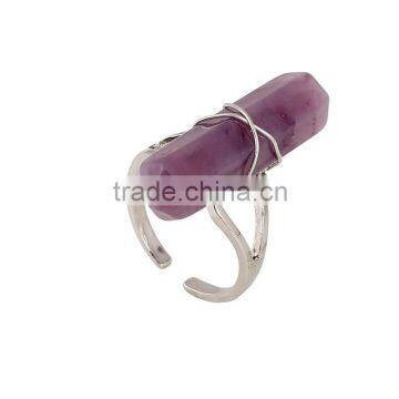 European Fashion Exaggerated Bar Amythest Stone Silver Plated Cuff Rings