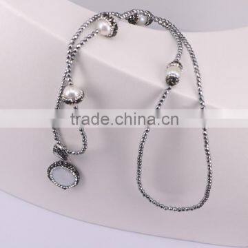 Fashion Natural Pearl Gem Stone Necklace, With 3mm Silver Hematite Beads Necklace, Pendant Charms Natural Stone Necklace photo-2