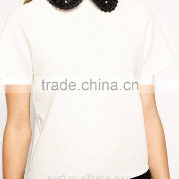 White Short Sleeve Beaded Ruffled Beaded Neckline Top photo-3