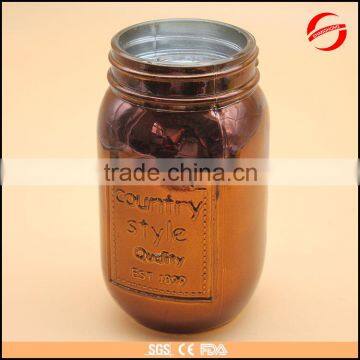 electroplate amber glass mason jar with embossed logo 520ml