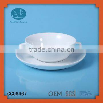 Hot sale cheap white two handle ceramic soup bowl wholesale,280cc soup cup wholesale,promotional soup cup with handle