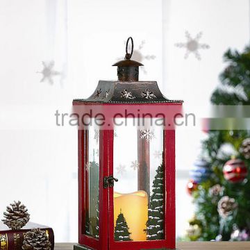 Painted Christmas Tree Lantern 15" Red Wooden Christmas Candle Lantern