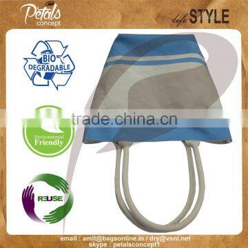 Cool Blue Stripe Print Canvas Tote Bag With Padded Rope Handle , PU Label Branding Bag photo-2