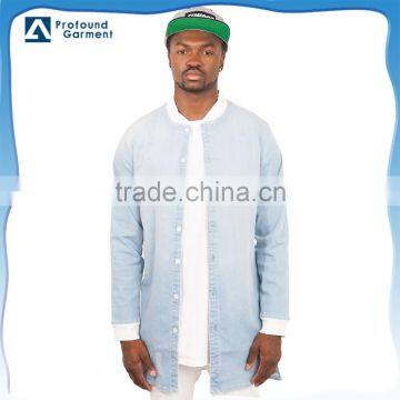 Custom washed split hem longline sky light blue cotton denim shirt for men