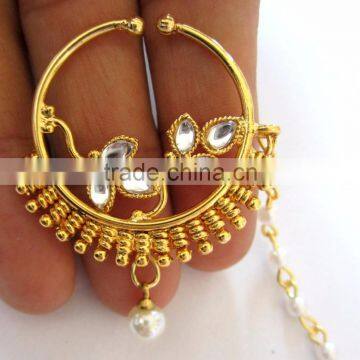 HOOP NATH Press NOSE RING GOLD PLATED KUNDAN RED GREEN photo-2