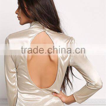 MGOO 2017 Manufacturer Custom Satin Open Back Bodysuits TurtleNeck Silk Satin Tops Long Sleeves Blouses photo-5