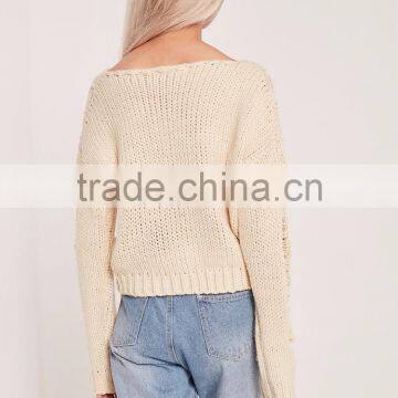Plain White Ladies Sweater Knitwear Pullover Drop Shoulder Ladder Shoulder Distressed Crop Jumper Women photo-3