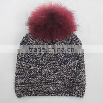 Myfur Multi-Color New Striped Pattern Wool Acrylic Knitting Hat With Real Raccoon Fur Pom Poms
