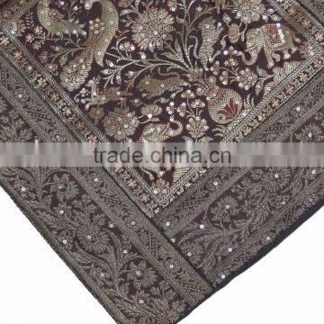 Zari Cushion Cover - Brown Peacock Elephant Sari Decorative Sequin Pillow 16" photo-3