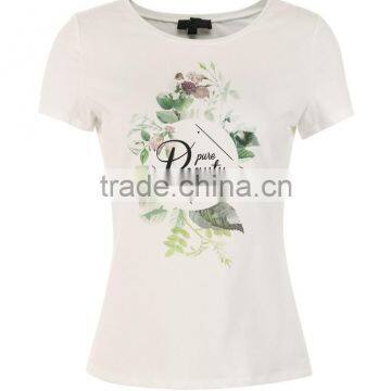 Girls 95% Cotton 5%spandex Skinny Short Sleeve Flower Printing White Tee photo-2