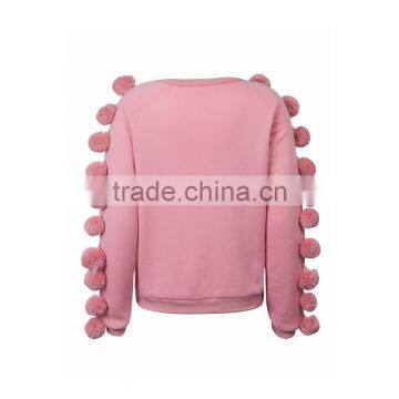 Ladies Cute Pink Pom Pom Embellished Sleeve Basic Sweatshirts photo-2