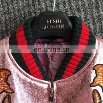 Wholesale Real Sheepskin Baseball Uniform Metallic Pink Leather Jackets photo-3