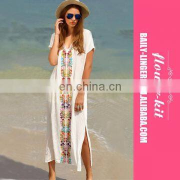 White Floral Embroidery Irregular V-neck Short Sleeve Long Maxi Dress