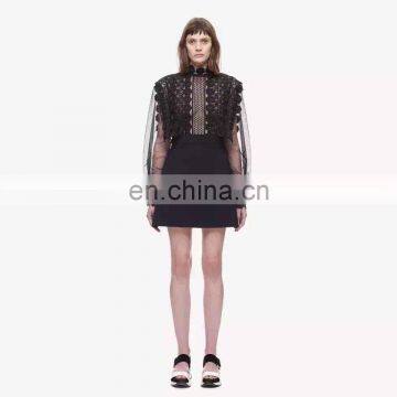 high quality balck transparent long sleeve lace tops with flower front with skirt