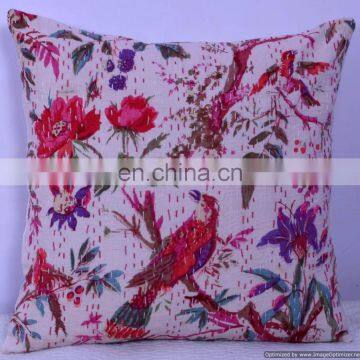 Indian kantha Pillow, White Bird Floral Print Kantha Decorative throw Pillow cover, Kantha Cushion Cover,