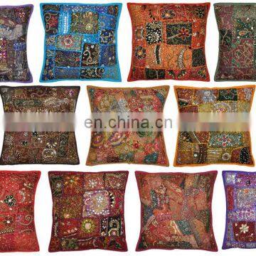 Indian Hand Embroidered Ethnic Pillow Cushion Cover Beads Zari Work Room Cushions Cover decorative art