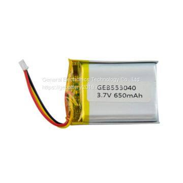 5mm 3.7v 650mah lithium polymer 553040  rechargeable li-po battery