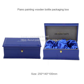 Luxury Piano Painted Single Bottle Packaging Box Glossy Wooden Wine Gift Box Perfume Bottle Box With Custom Logo Blue