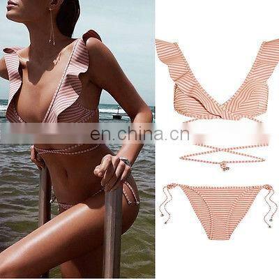 Sexy Women Swimwear Pink Ruffles Bandage Bikini Set Summer Push-up Padded Bra Bathing Suit Swimsuit