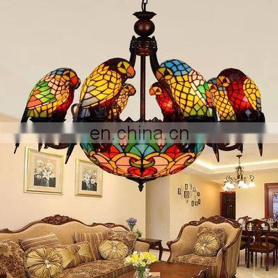 Tiffany Living Room Bird Creative Retro Tiffany Stained Nar Restaurant Glass Parrot LED Chandelier Light