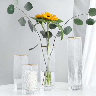 Gold Rimmed Tall Glass Square Vase Wholesale Transparent Clear Flower Vase Container photo-2